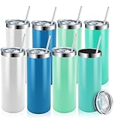 8 Pack Stainless Steel Skinny Tumblers, 20oz Vacuum Insulated Tumbler with Lids and Straws, Doubl...