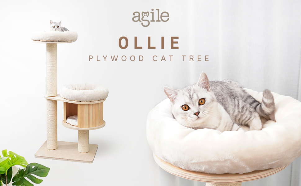 AGILE 51" Modern Plywood Cat Tree Condo Tower with Scratching Post