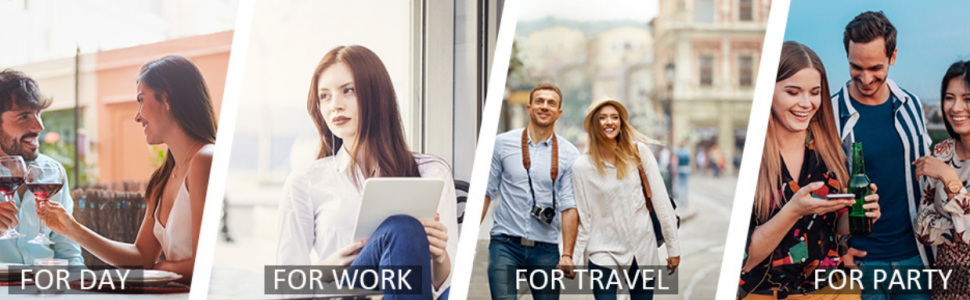 Four-panel image showcasing people in different settings: day, work, travel, and party. Each panel depicts individuals engaged in activities typical of the specified context.