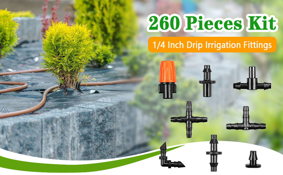 Drip Irrigation Fittings Kit for 1/4" Tubing, 260 Pcs Drip Line