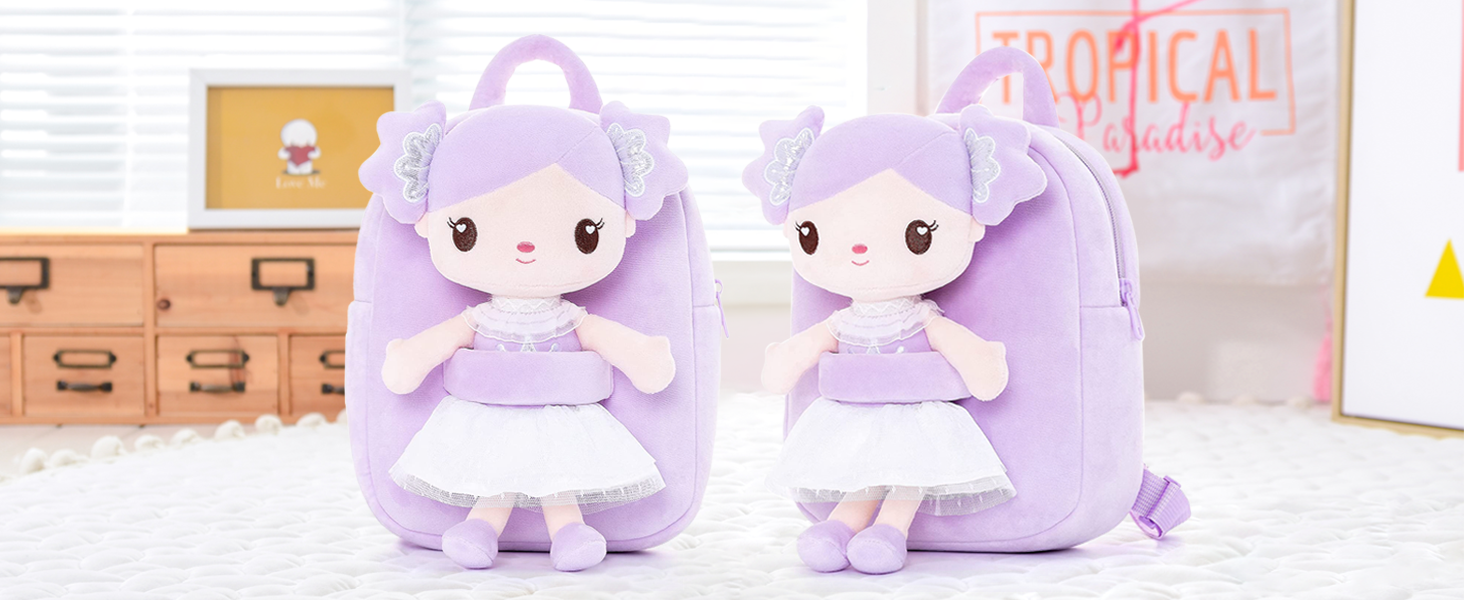  Gloveleya Toddler Backpack Kids Backpack with Candy Purple Doll 9"