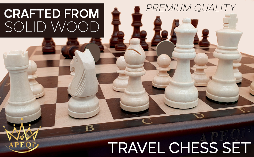 Text reads 'CRAFTED FROM SOLID WOOD' and 'TRAVEL CHESS SET'. Images show wooden chess set with multiple pieces displayed on board with alternating light and dark squares.