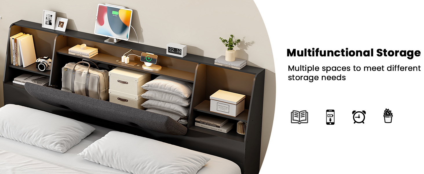 AYEASY Headboard Queen Size with Storage, Upholstered Wood