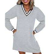 EVALESS Womens Dresses 2025 Fall V Neck Long Sleeve Casual Tshirt Dress Spring Contrast Striped S...