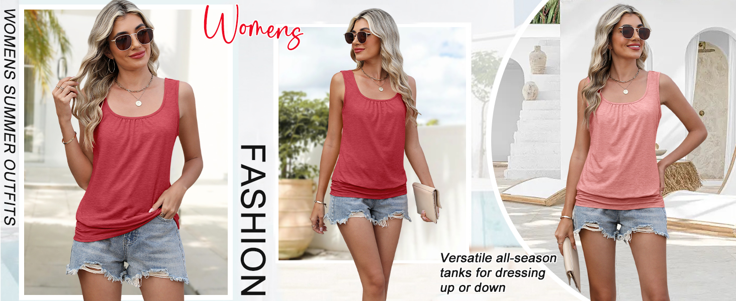 Womens Banded Bottom Scoop Neck Tank Tops Pleated Loose Fit Sleeveless Tops Summer Outfits Outfits