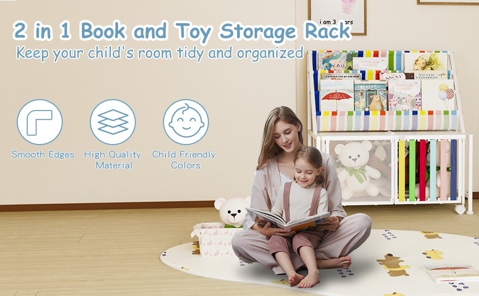 MESHDO Metal Kids Book Rack, 3 Sling Bookshelf, Stable