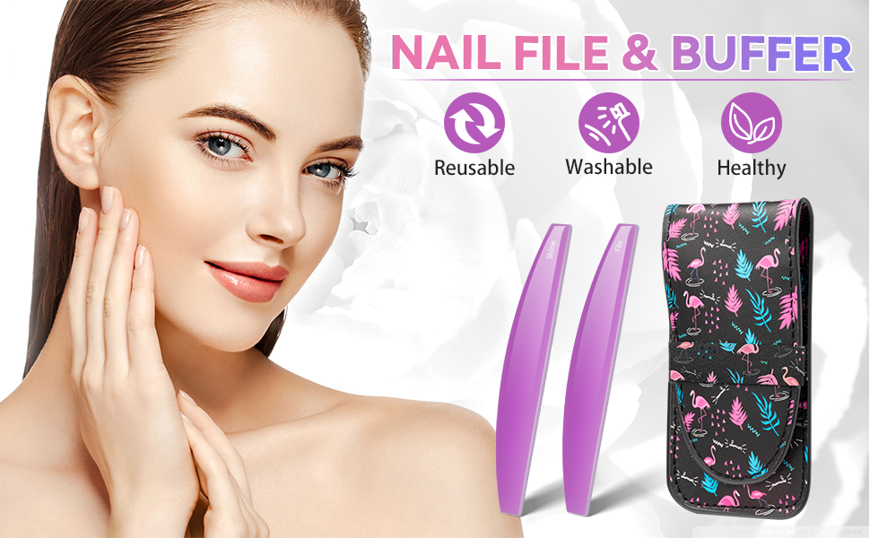 Glass Nail File, Clear Nail File and Nano Nail Shiner with Leather Case, 2PCS