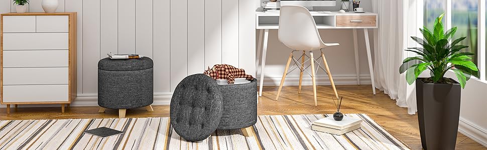 WOLTU Round Ottoman Storage Pouffe Stools Linen Footstools Dressing Vanity Chairs Dark Grey 19 1