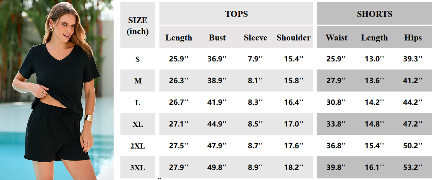 pajama shorts set size chart