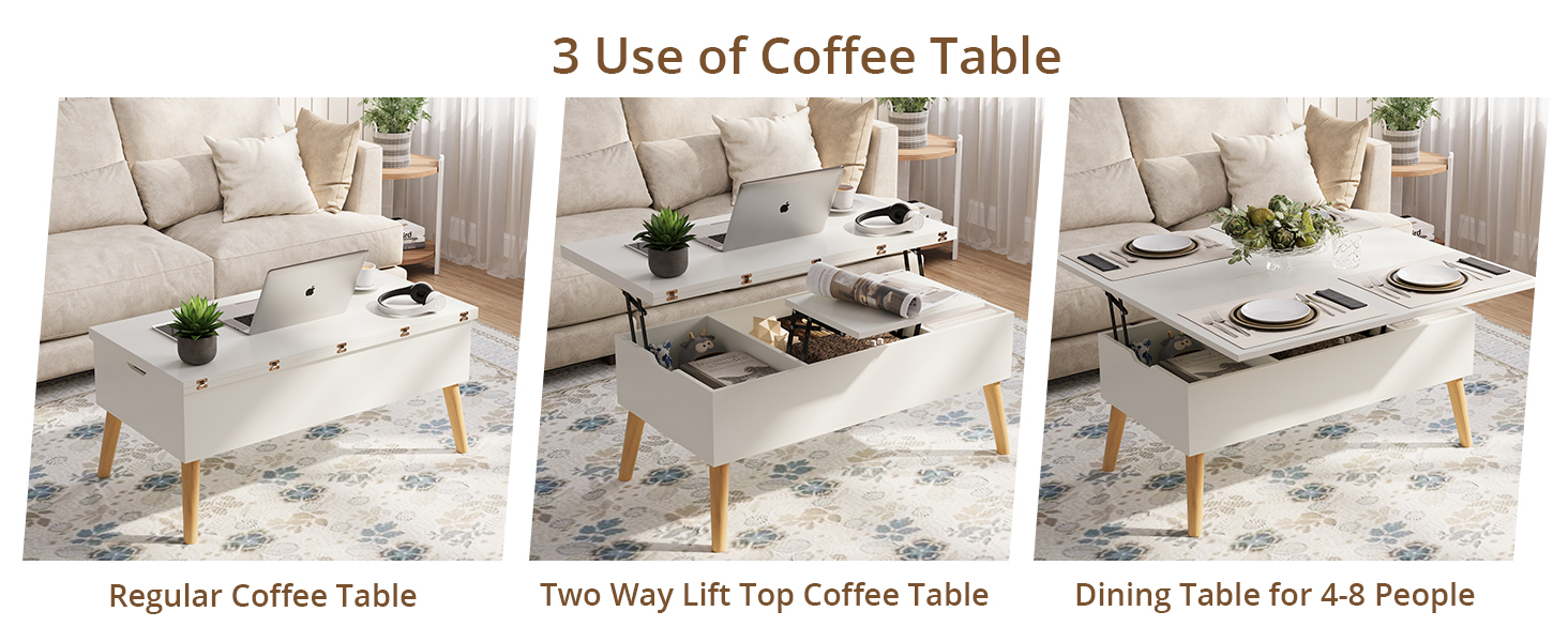 VOWNER Couchtisch Höhenverstellbar, 3in1MultifunktionsWohnzimmertisch, Couchtisch Weiß mit