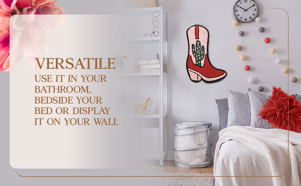 Cowboy Boot Bath Mat - 33" x 20" Western Boot Shaped Rug with Pink. Rust. and Green Cactus Design