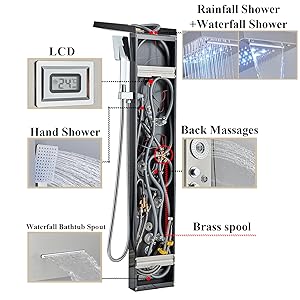 SUGUWORD Shower Panel Tower With 6 Functions Rainfall And Waterfall Shower Back Massage Jets Temperature Display Hand Shower And Bathtub Spout Wall Mounted Shower System Brushed Nickel Stainless Steel 11 8019