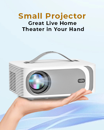 Text reads 'Smart Projector' and 'Great Live Home Theater in Your Hand'. Product demonstration showing compact white projector being held in hand against blue background.