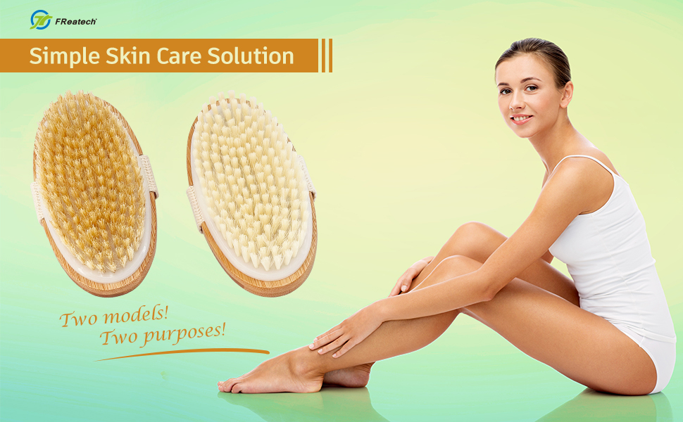 FREATECH 2Piece Body Brush Set for Wet or Dry Brushing Natural Bristle Dry Brush