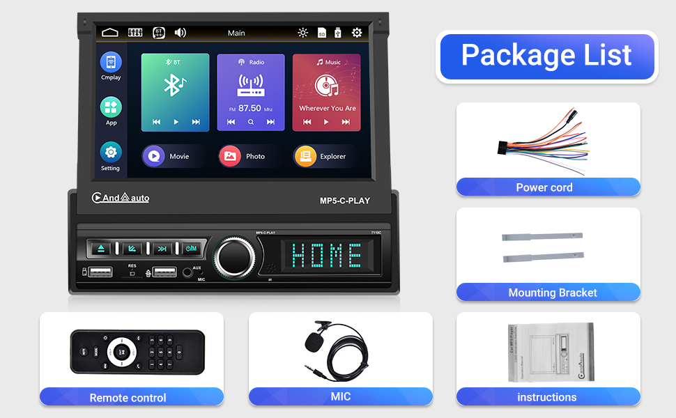 Single Din Flip Out Touch Screen Car Stereo with Apple Carplay and