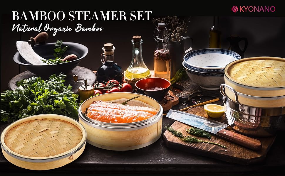 KYONANO Bamboo Steamer, 2 Tier Bamboo Steamer 24cm/9.45Inch with Lid