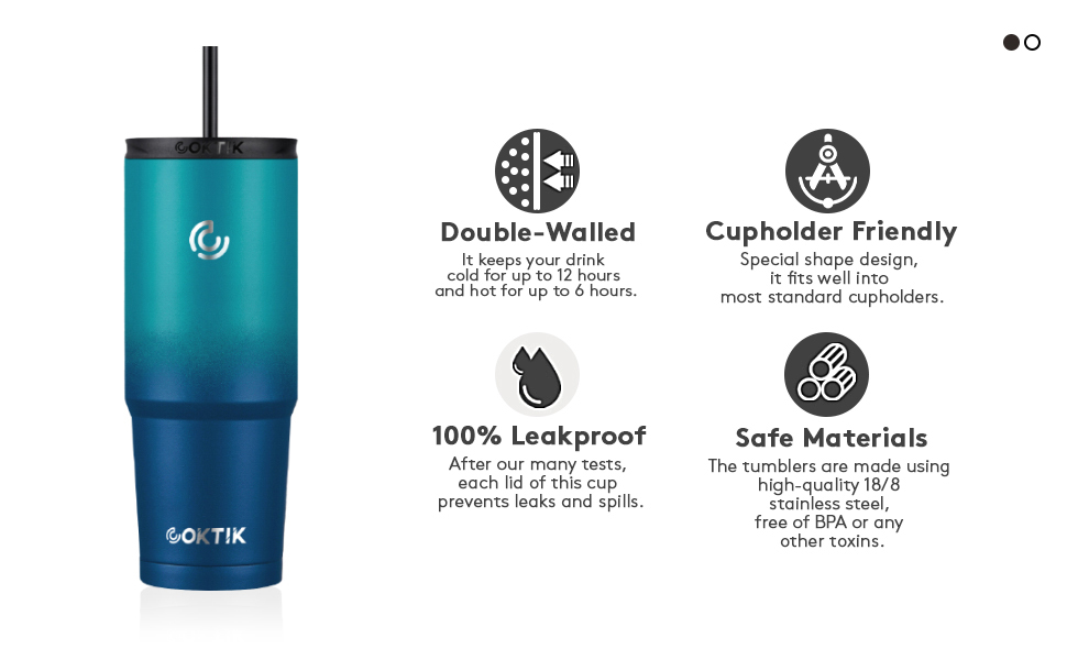 COKTIK 32 oz Insulated Tumbler with 3 Lids(2 Straws/Flip) Stainless Steel Double