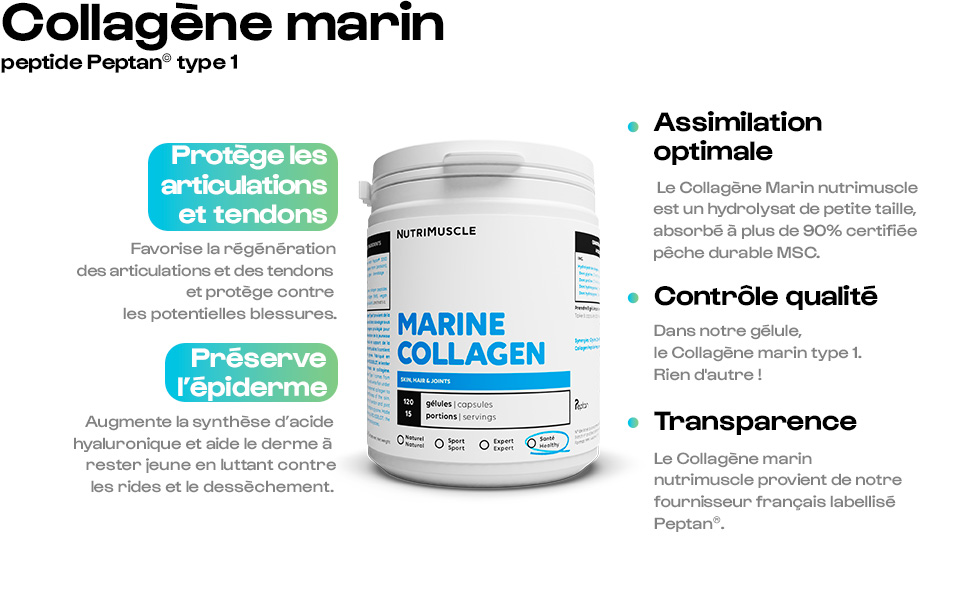 Nutrimuscle Collagène Marin 120 gélules 3200 mg par dose Contribue à la santé des