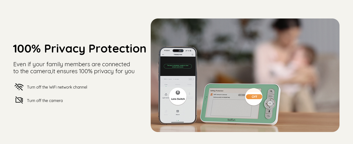 Text reads '100% Privacy Protection' followed by product showcase of what appears to be a security or privacy-focused device with minimal white design.