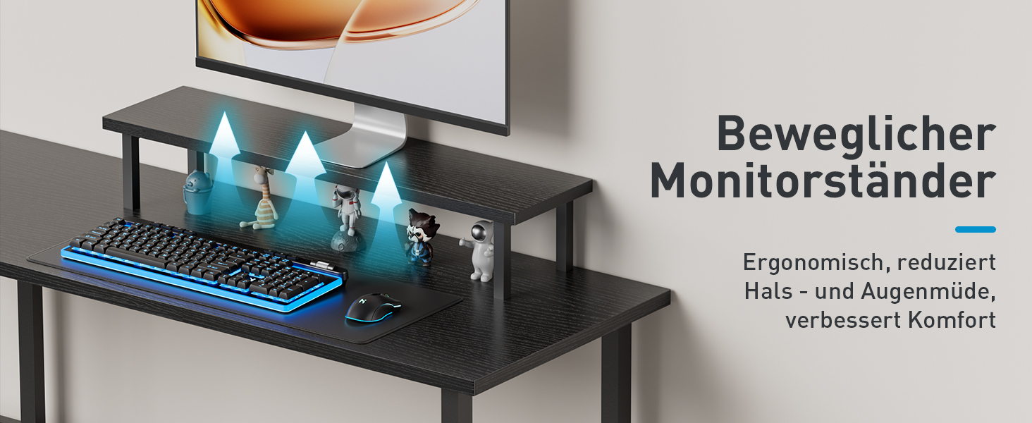 Ein schwarzer zweistöckiger Monitorständer mit Tastaturplattform und blauen Aufwärtspfeilen, die die Höhenverstellung anzeigen. Der deutsche Text „Beweglicher Monitorständer“ ist sichtbar und die ergonomischen Vorteile sind aufgeführt