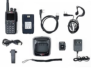 Radio accessory kit layout: A complete set of radio accessories including antennas, chargers, and.