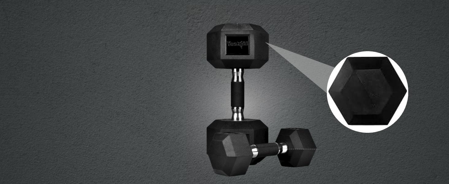 Yes4All Rubber Grip Encased Hex Dumbbell – Hand Weights With Anti-Slip 5-50 LBS Single
