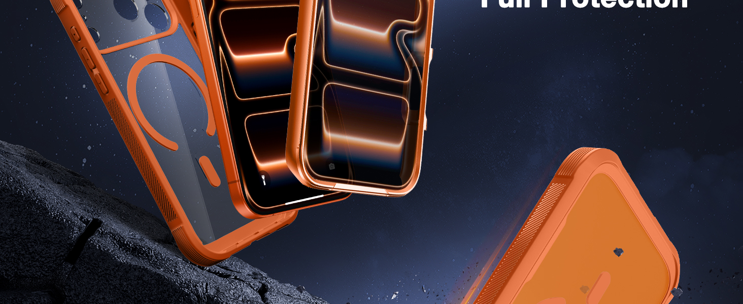 Text reads 'FALL PROTECTION'. Close-up shots of orange and black safety harness or protective equipment against dark background.