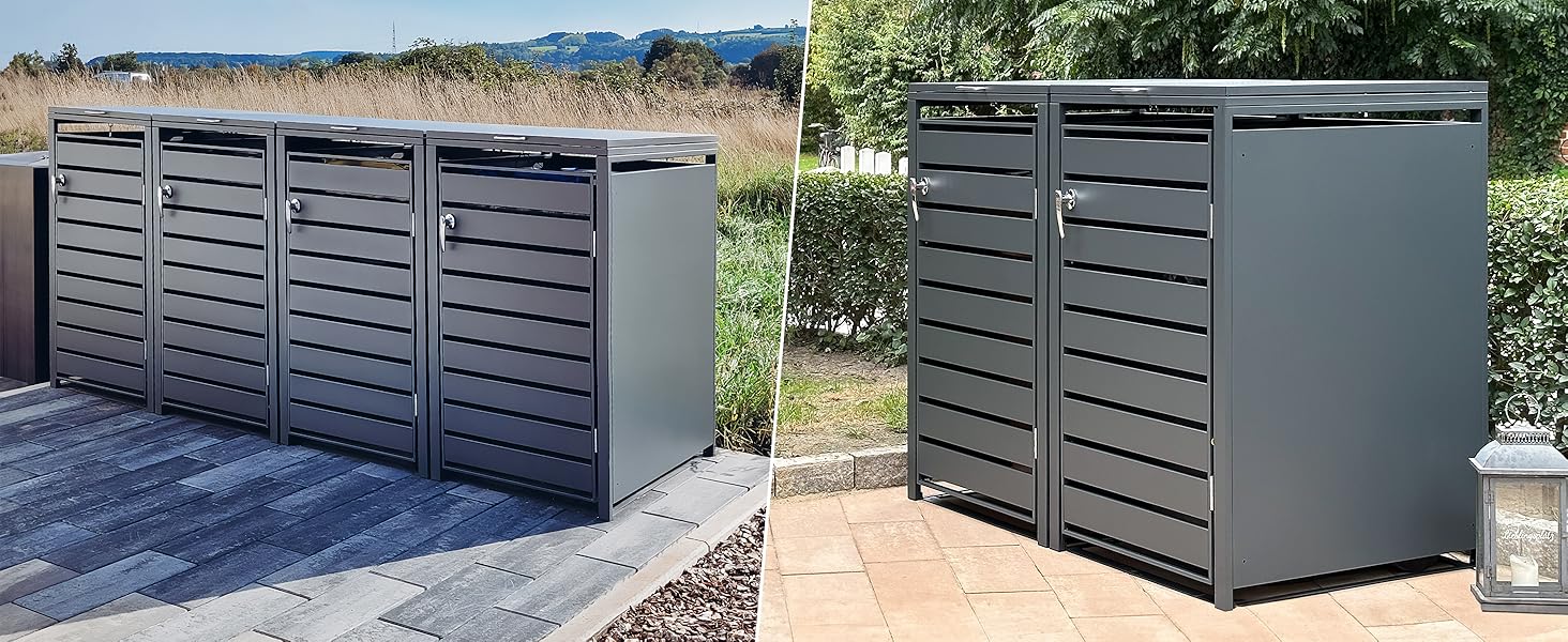 Moderne graue Outdoor-Lagereinheiten mit horizontalem Lamellendesign, aus mehreren Blickwinkeln dargestellt. Verfügt über modulare Abschnitte mit klaren Linien und witterungsbeständiger Oberfläche