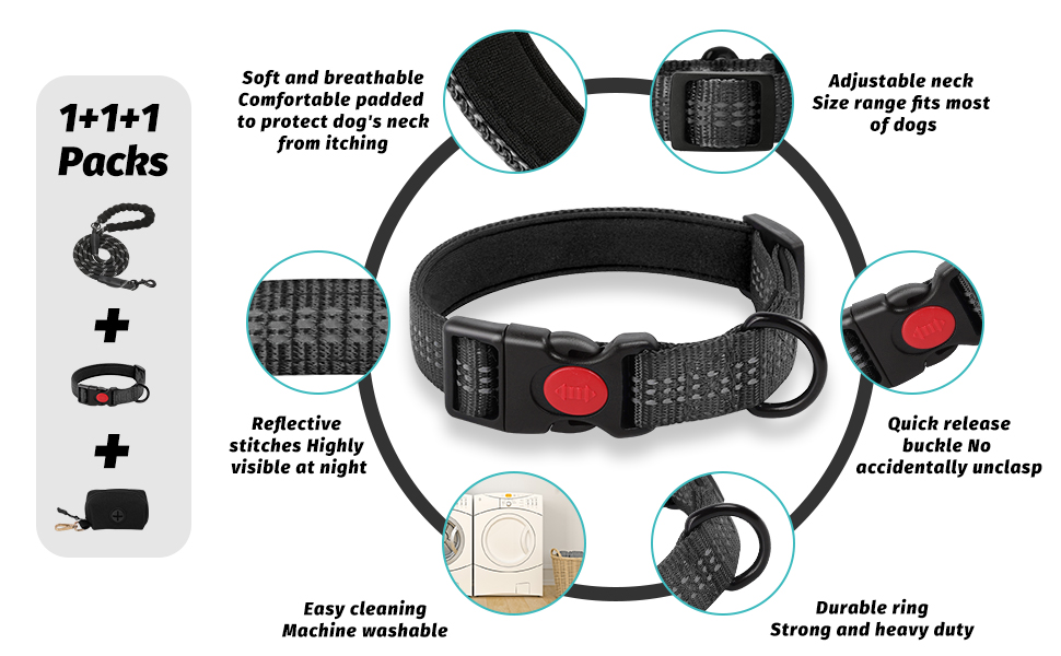 Dog Collar and Leash Set with Extra Poop Bag Holder,Nylon Dog Collar with Safety Locking Buckle