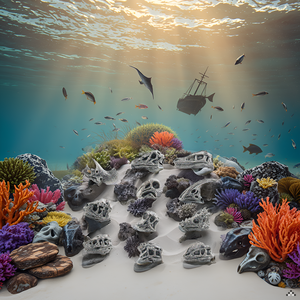 A serene underwater scene with a product resting on a sandy ocean floor, surrounded by vibrant coral