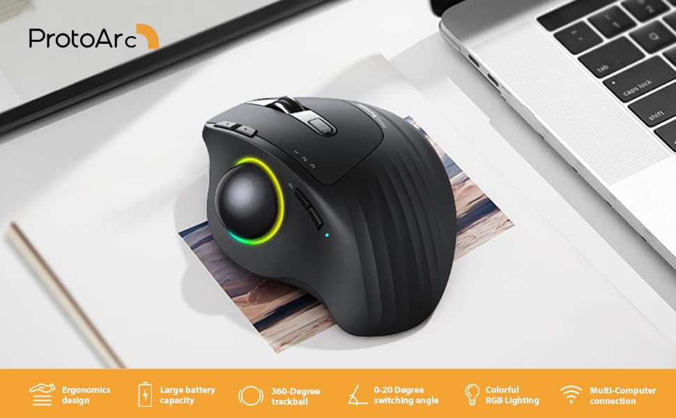 RGB Wireless Trackball Mouse, ProtoArc EM01 2.4G Bluetooth Ergonomic