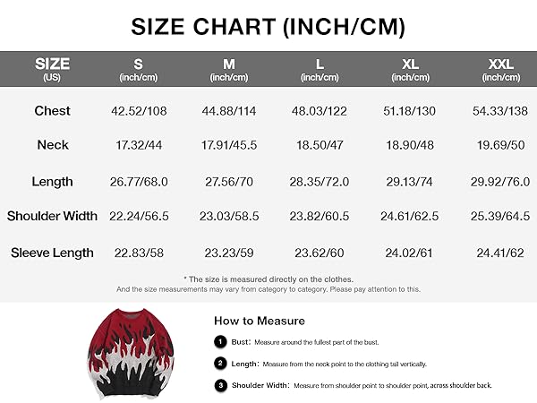 Men Casual Sweater Size Chart