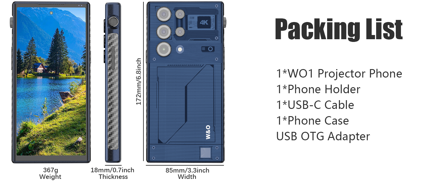 W&O WO1 5G Unlocked Smartphone with 8000mAh Battery, Built-in Projector & Tripod