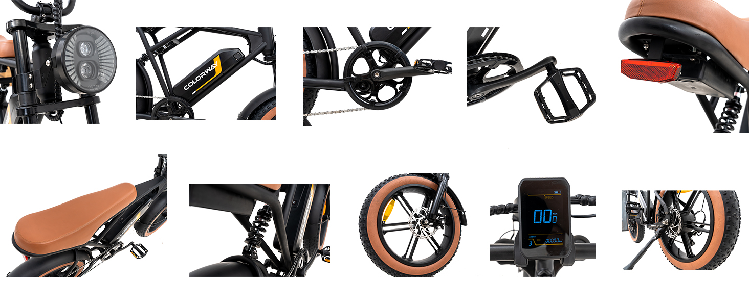 Collage von Elektrofahrradkomponenten: Scheinwerfer, Rahmen, Pedal, Sitz, Rad, Digitalanzeige und verschiedene Nahaufnahmen von schwarzen und orangefarbenen