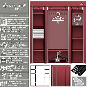 Draagbare garderobe-opbergeenheid van het merk Kesser in bordeauxrode kleur met ophangstang, planken en gewichtscapaciteitsindicatoren voor secties van 15 kg en 5 kg