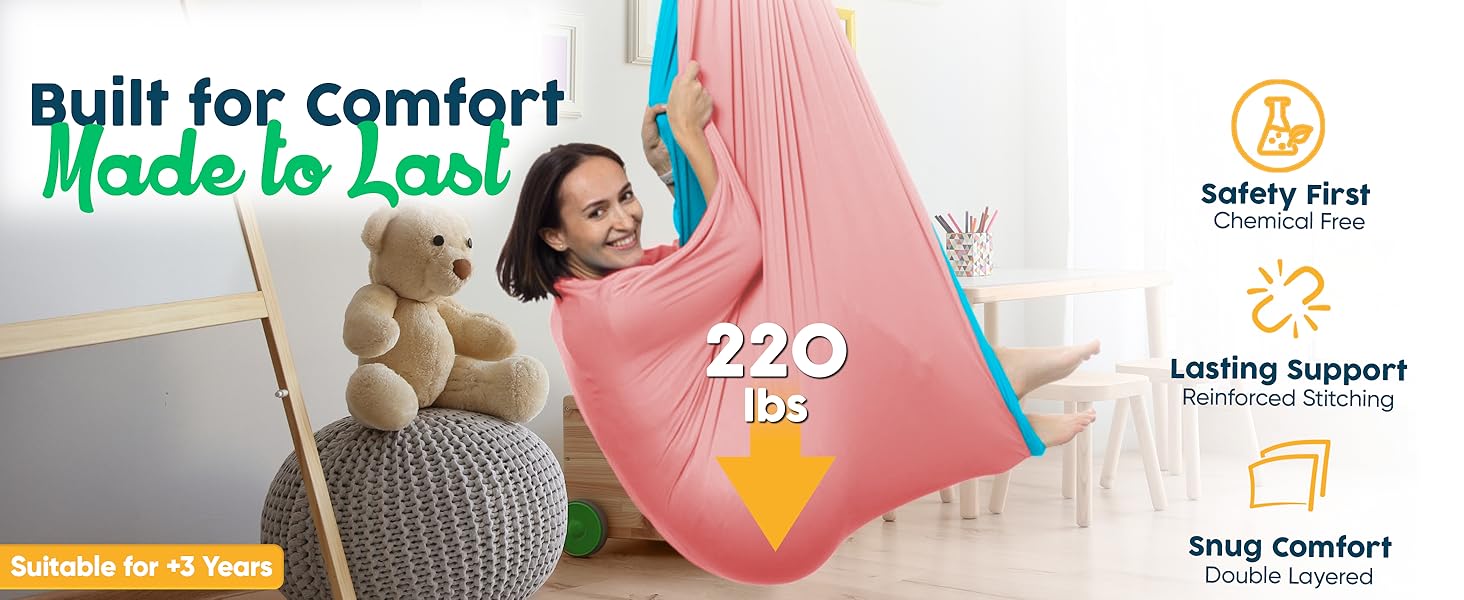 A compression sensory swing for adults kids 3+, offering a double-layered lasting comfort 220lb