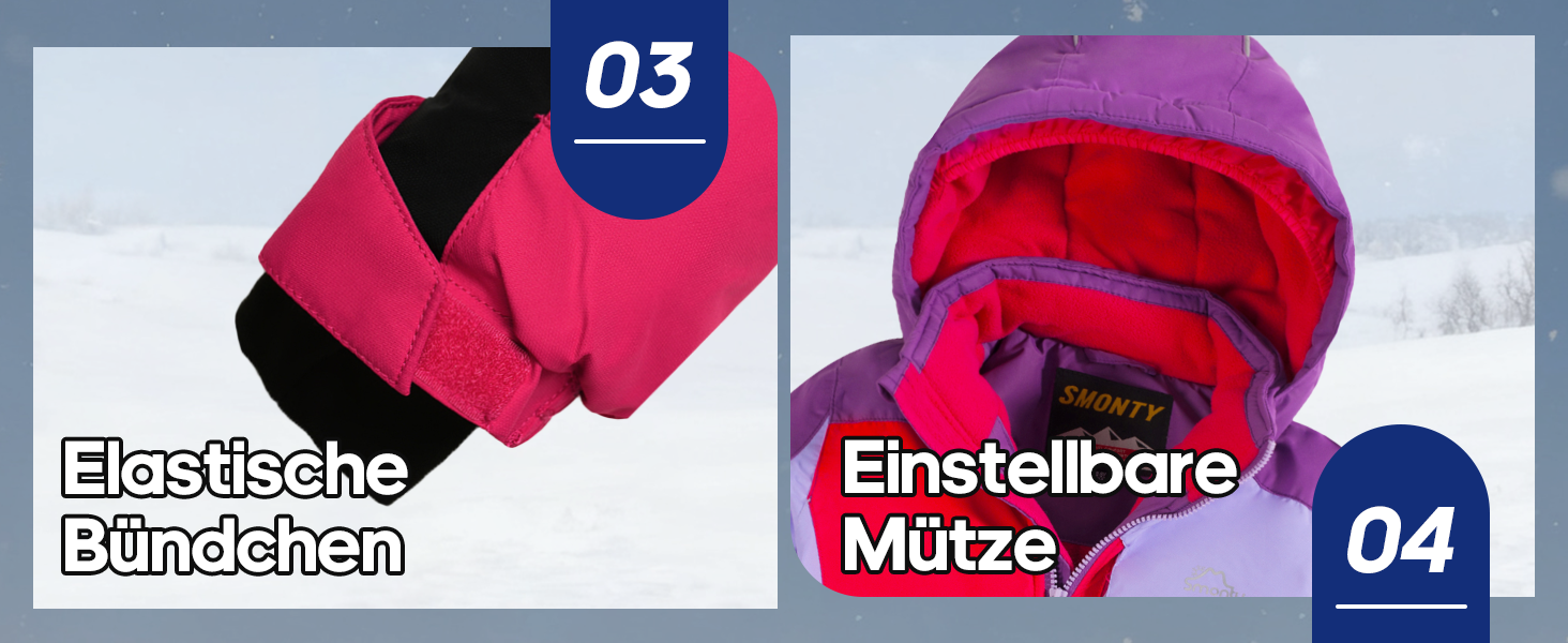 Der Text lautet „Elastische Bundschuhe 03“ und „Einstellbare Mütze 04“. Produktbilder zeigen rosafarbene elastische Schuhe und einen verstellbaren Hut in der deutschsprachigen Liste.