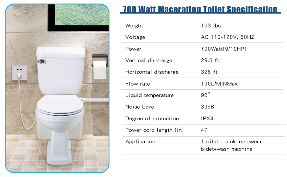700 Watt Macerating Toilet with Pump, Upflush Toilet for Basement for Kitchen Sink Bathroom
