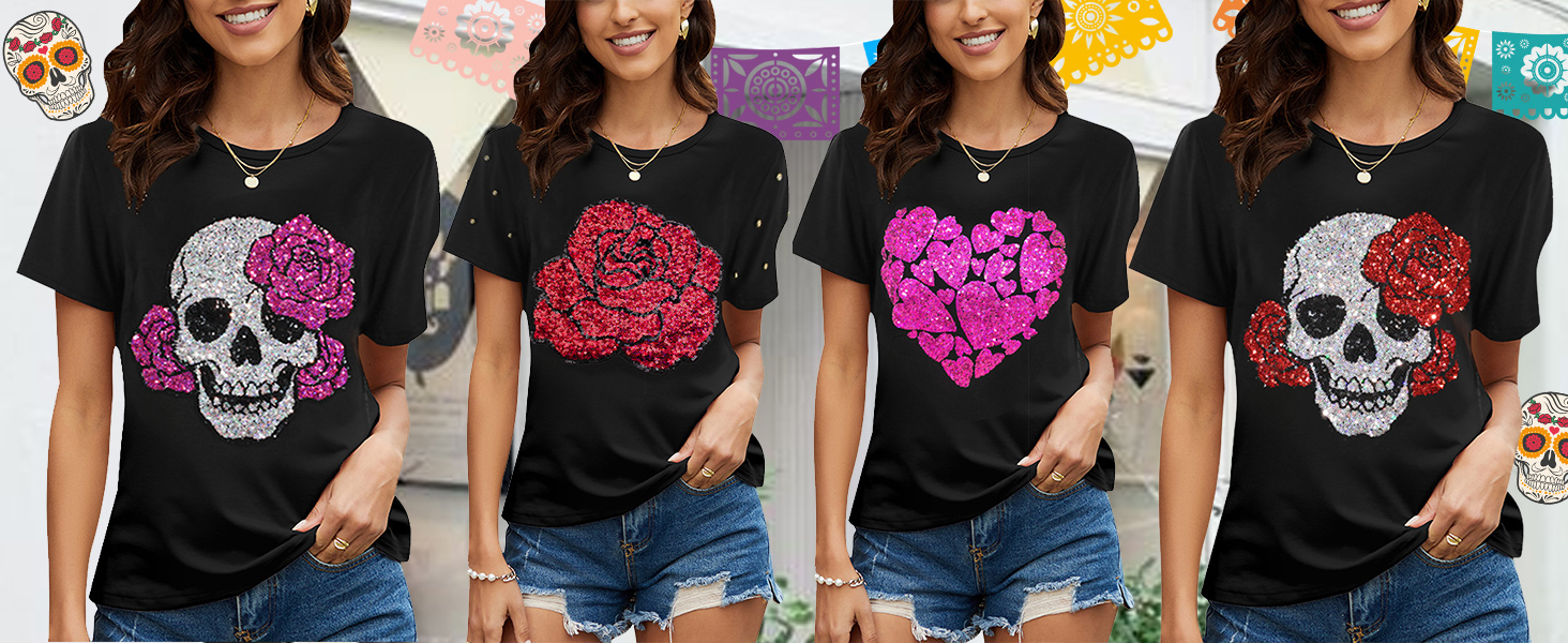 PESION Womens Sparkle Sequined Graphic Tees Blouse