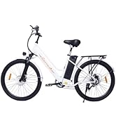 White electric bicycle with step-through frame, front suspension fork, rear rack, and disc brakes. Features include a black seat, wide tires, and visible battery pack integrated into the frame.