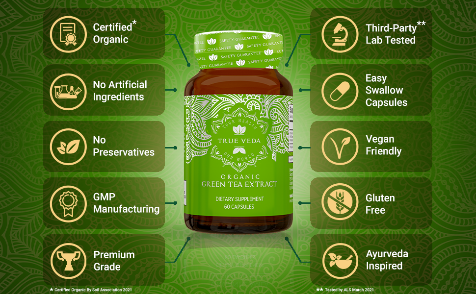 Organic Green Tea Extract Capsules Certified Organic by Soil