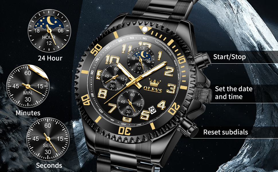 male watches,stainless steel chronograph watch,large face watches for men,black watch,Chronograph