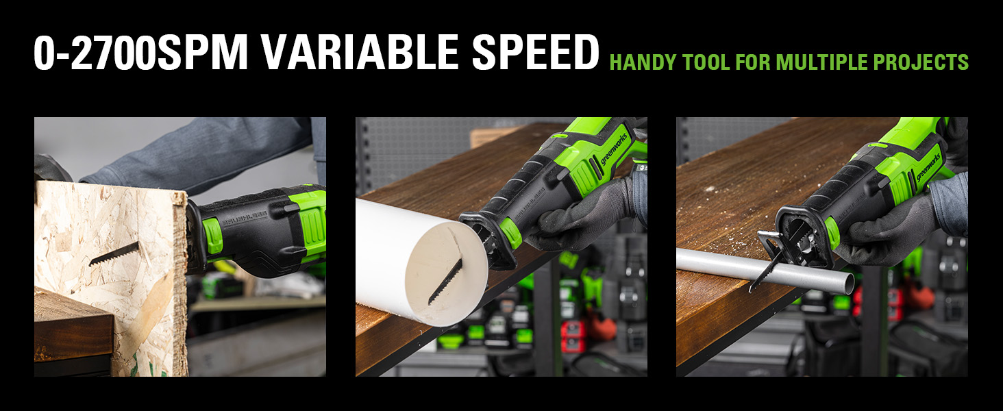 0-2700SPM Variable speed Cushioned overmold grip Greenworks 24V Reciprocating Saw Brushless Cordless