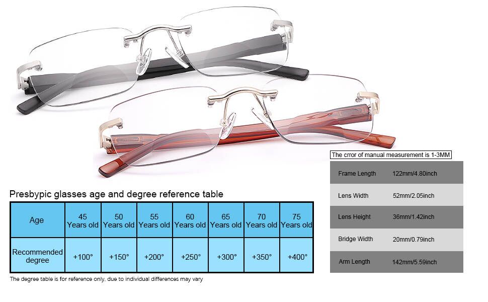 Rimless Bifocal Reading Glasses Spring Hinge Photochromic