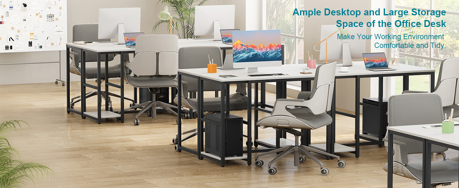 Modern office workspace with multiple desks, chairs, and storage units. Desks feature ample surface area and integrated storage. Gray and white color scheme with black frame accents.