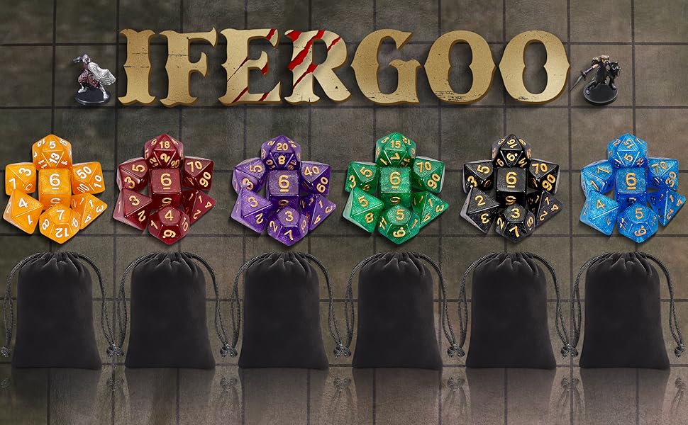 iFergoo Polyhedral Dice, 6 x 7 (42 Pieces) Glitter Polyhedral Game Dice