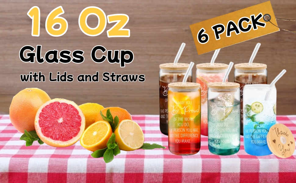 16 oz glass cup with lids and straws 6 pack