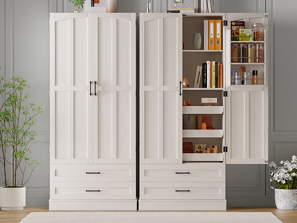 71 Inch Arched Kitchen Pantry Cabinet - Farmhouse Storage With Glass Doors & Drawers