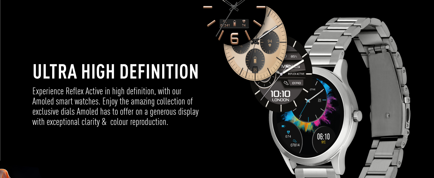 Smartwatch with metal band displaying colorful watch face. Text highlights 'Ultra High Definition' feature of the device.
