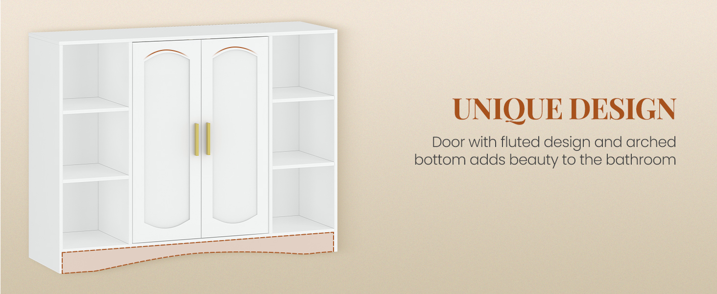 Weißer Badezimmerschrank mit zwei Mitteltüren mit gewölbtem, geriffeltem Design. Seitenregale flankieren die Türen. Goldfarbene Griffe bilden einen Kontrast zur weißen Oberfläche